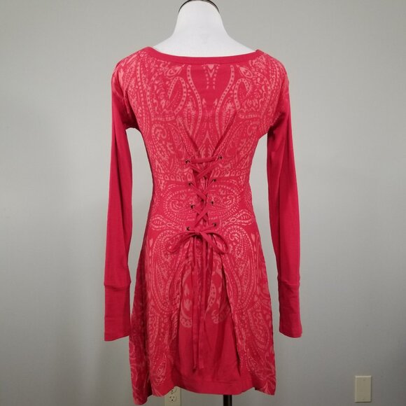Athleta Lace Up Back Corset Dress XS Red Jacquard Burnout Long Sleeve Stretch - Picture 10 of 14